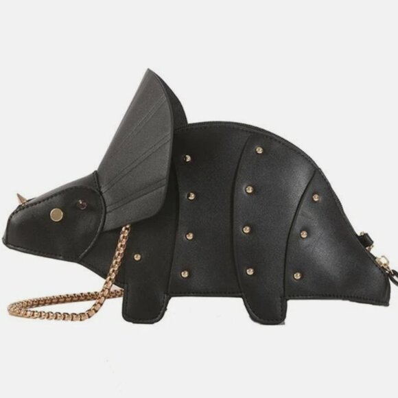 Dinosaur Crossbody Bag Mini Purse Vegan Leather Rivets Chain Strap Dino Black - Picture 1 of 8